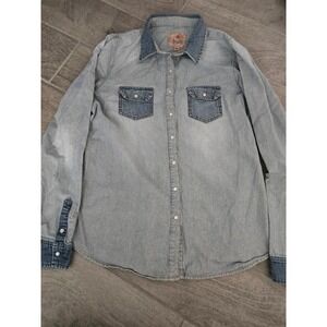 Peoples Liberation Women‎ Denim Blue Long Sleeve Western Stripe Pearl Snap L